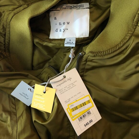 A New Day Womens Olive Green Water Resistant Bomber Jacket Size L - Picture 5 of 7